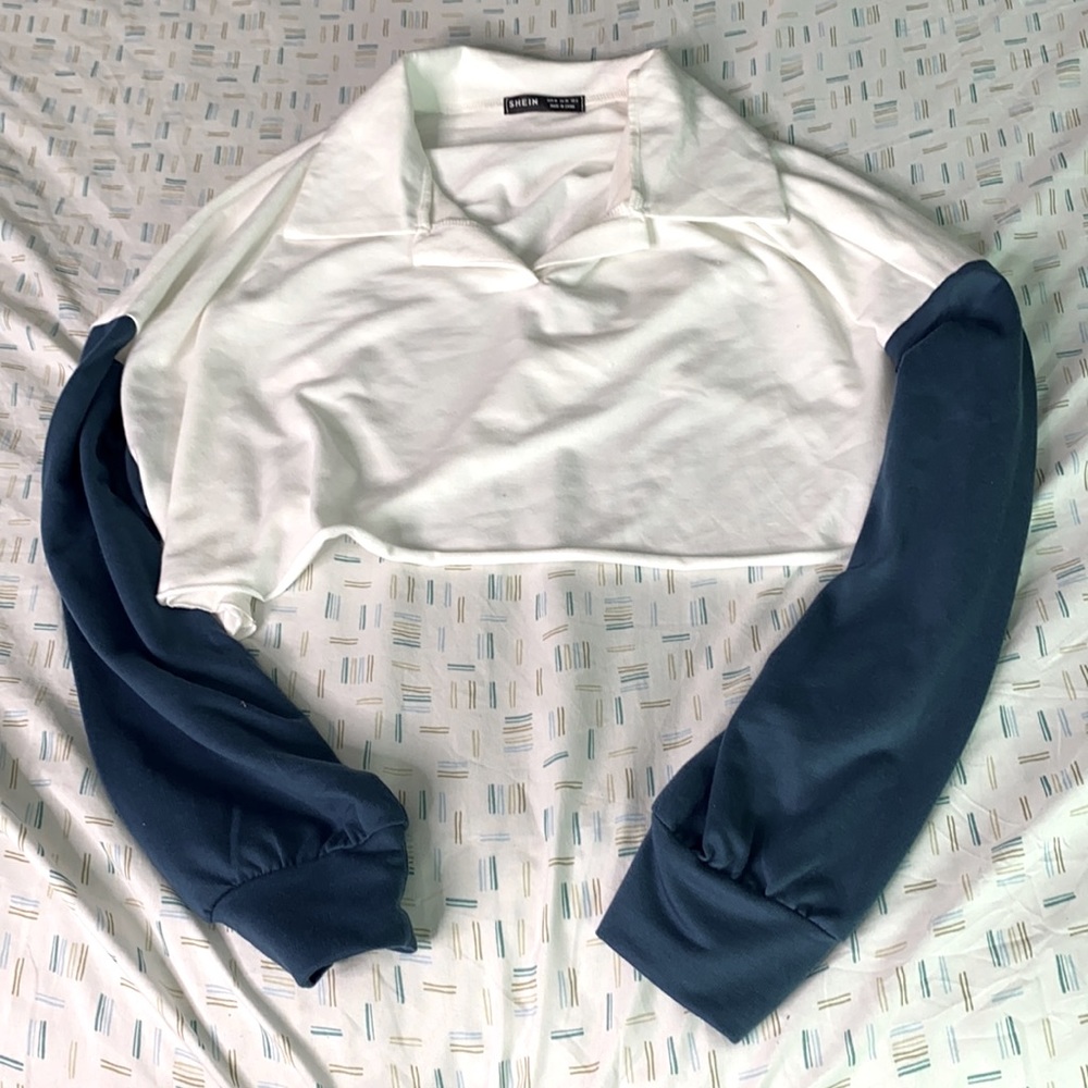 White shirt with teal sleeves crop top
